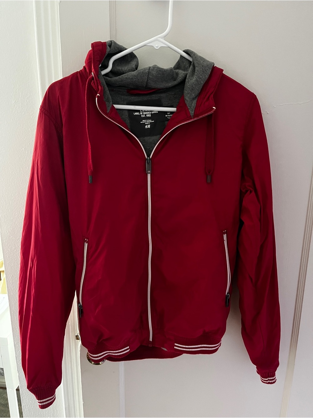 H&M Men's Red Hooded Windbreaker with Gray Lining
